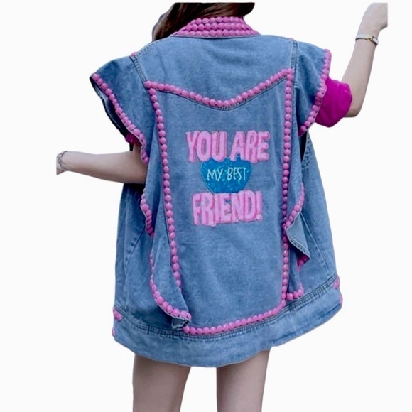 Lisette Embellished Ruffle Denim Vest Oversized Urban Streetwear NWT Y2K - Picture 6 of 13